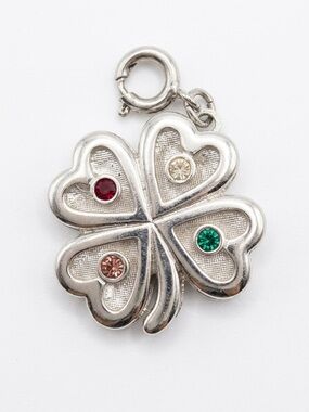 Vintage Silver-Tone Four-Leaf Clover Charm with Sparkling Colored Rhinestones